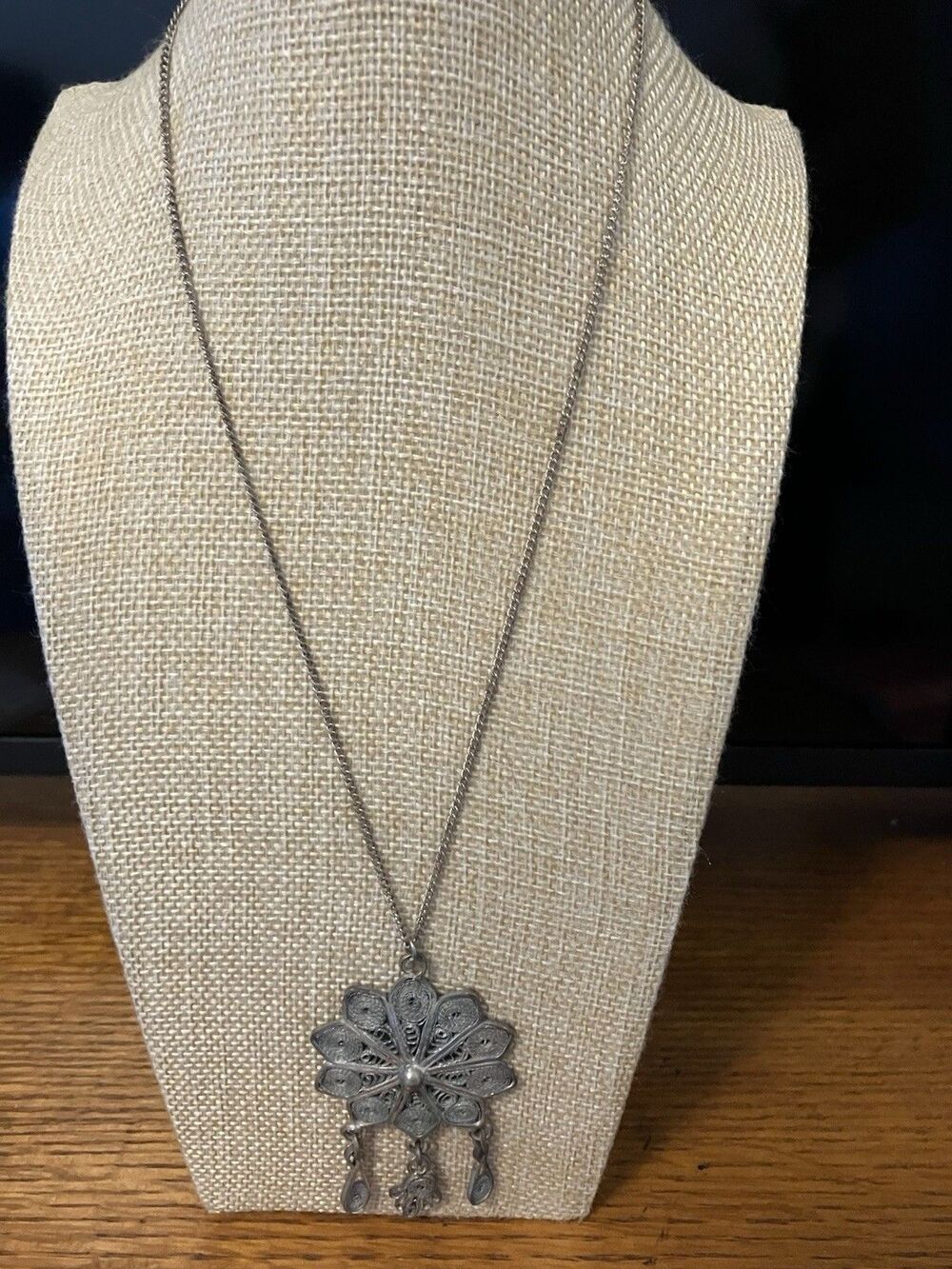Vintage Filigree Flower Chandelier 20" Necklace Dangle Pendant, 24g
